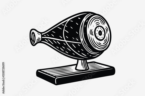 Ham leg on wooden stand. Dry meat, farm food. Black silhouette Spanish jamon hand drawn engraving illustration vector