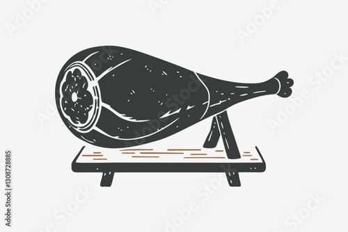 Ham leg on wooden stand. Dry meat, farm food. Black silhouette Spanish jamon hand drawn engraving illustration vector
