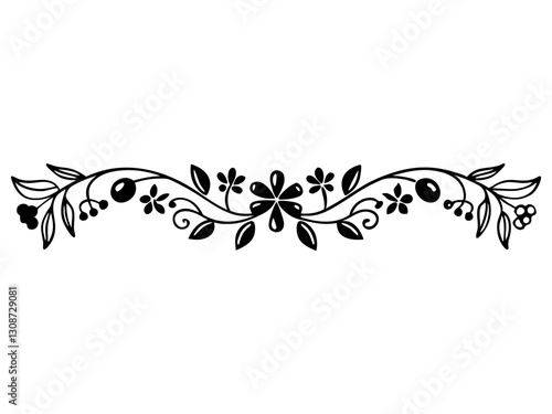 Vintage rustic seamless pattern border with floral motif. Flowers black and white line illustration. Berry, foliage, and little flowers