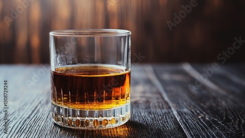 A close-up of a glass filled with amber-colored whiskey, resting on a rustic wooden surface, evoking a warm and inviting atmosphere.