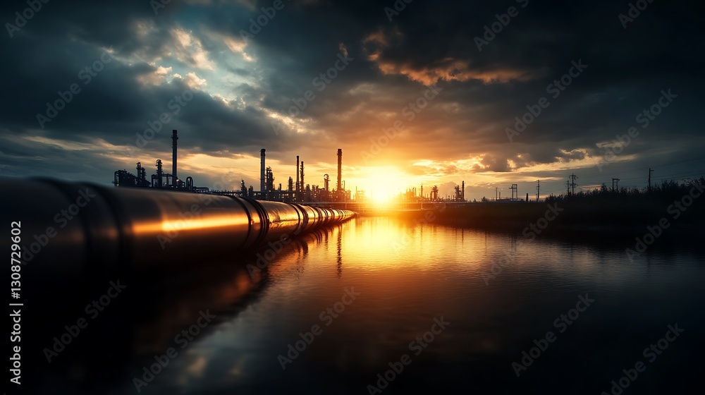 Fototapeta premium Industrial Landscape at Sunset with Pipes Reflected in Calm Water Under Dramatic Cloudy Sky