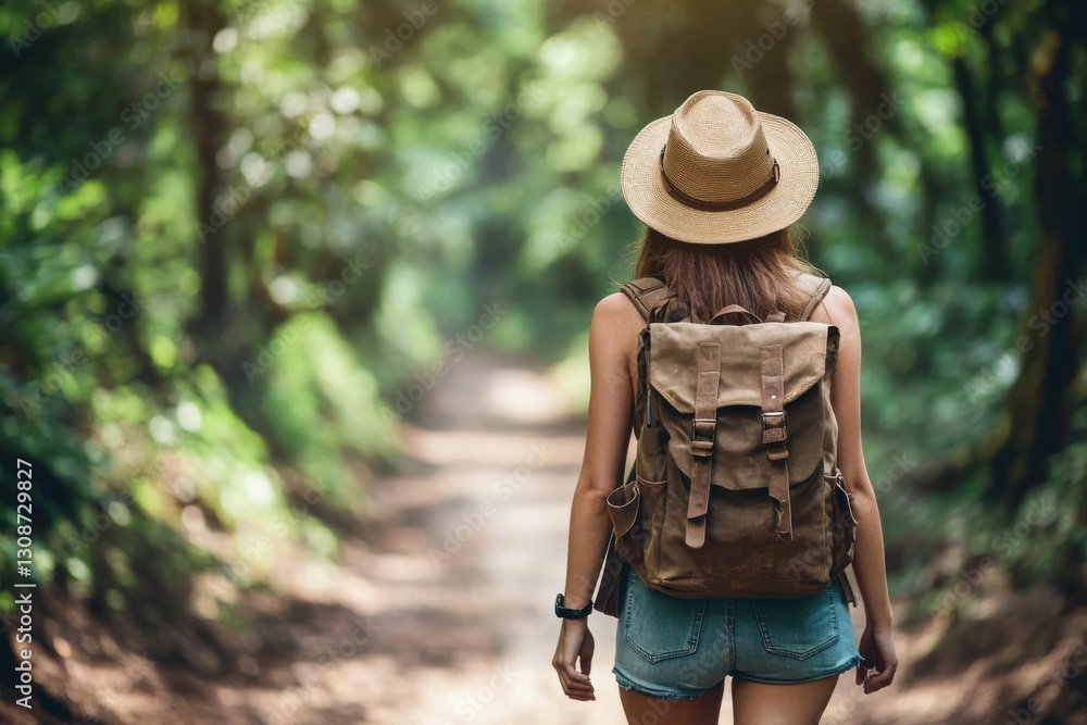 Fototapeta premium Arusha National Park, Tanzania: Woman Hiker Enjoying Beautiful Forest Trail
