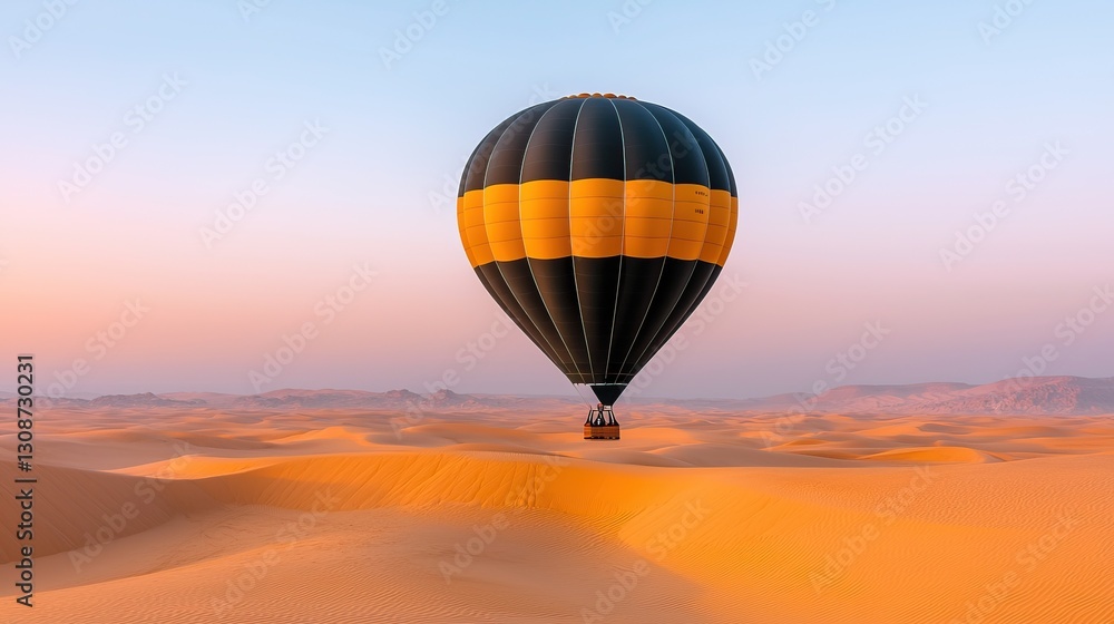 Fototapeta premium A luxury desert experience offers comfort amid breathtaking landscapes. A vibrant hot air balloon floats over golden sand dunes at sunseะ