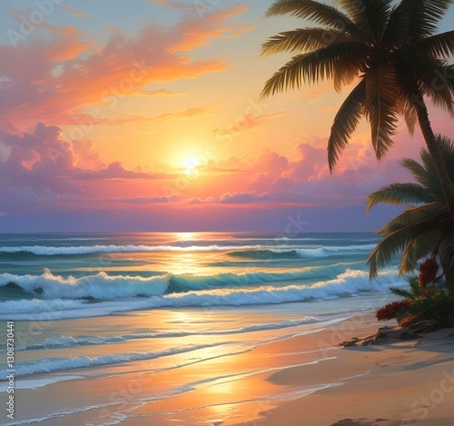Illustration of ocean beach with palm tree.