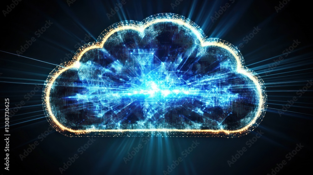 A digital cloud rendered with light and radiating energy lines A digital cloud rendered with light and radiating energy lines