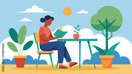 Seated at a garden table a reader enjoys the gentle breeze and basks in the sunlight while devouring a captivating novel.. Vector illustration