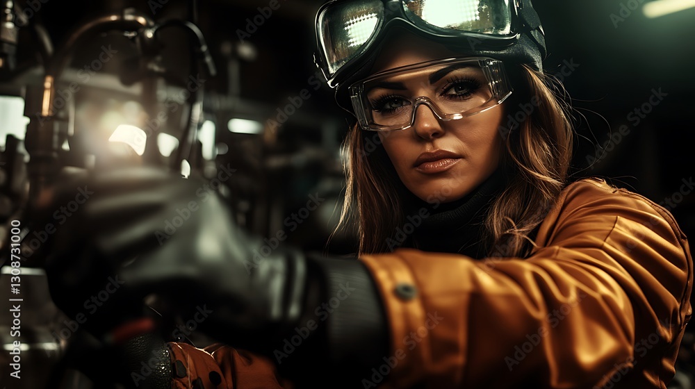Focused Female Technician Working in Industrial Environment with Safety Gear and Equipment Focused Female Technician Working in Industrial Environment with Safety Gear and Equipment