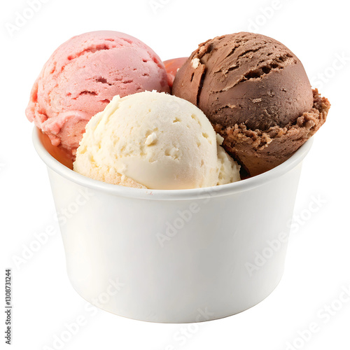delicious chocolate, vanilla, and strawberry ice cream scoops in a cup , cup of assorted ice cream scoops isolated on white background