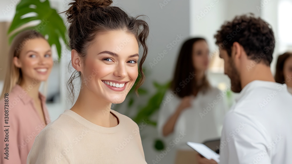 Young Woman with Beautiful Smile in Modern Office Space Surrounded by Colleagues Engaged in Conversation Young Woman with Beautiful Smile in Modern Office Space Surrounded by Colleagues Engaged in Conversation