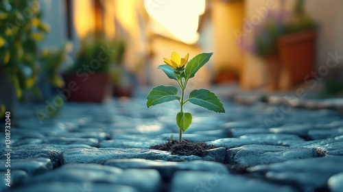 Fototapeta Naklejka Na Ścianę i Meble -  A small sapling growing between cracks in an old stone path.