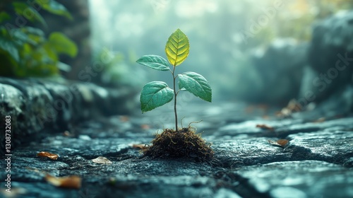 Fototapeta Naklejka Na Ścianę i Meble -  A small sapling growing between cracks in an old stone path.