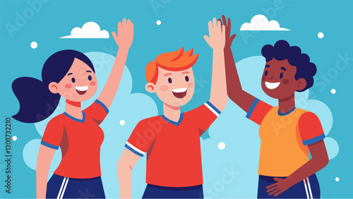 Smiles and highfives are shared between teammates as the players celebrate a wellexeed play.. Vector illustration