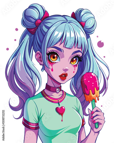 A young woman with vibrant purple hair buns, heavily textured with silver ash, a post-apocalyptic or fantasy aesthetic.  Detailed, realistic portrait.
