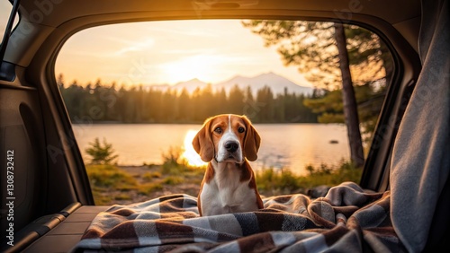 Glamping with a dog requires safe and comfortable travel. Traveling with a dog requires car safety and camping prep. A beagle sits in a car trunk, surrounded by a cozy blanket