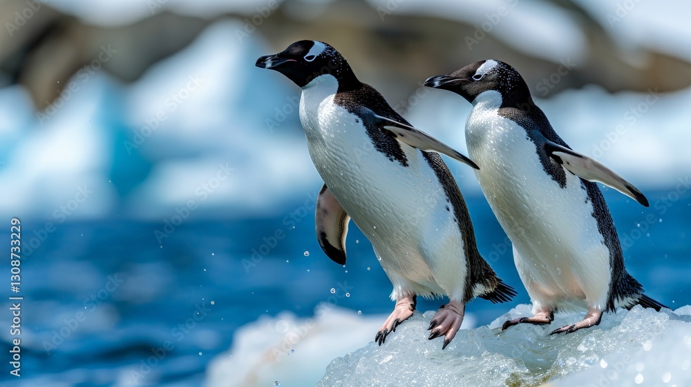 Fototapeta premium Adorable iceberg penguins in natural antarctic habitat scene