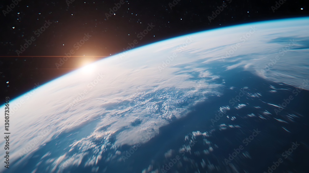 A stunning view of Earth from space, showcasing the curvature of the planet and a radiant sunrise illuminating the atmosphere. A stunning view of Earth from space, showcasing the curvature of the planet and a radiant sunrise illuminating the atmosphere.