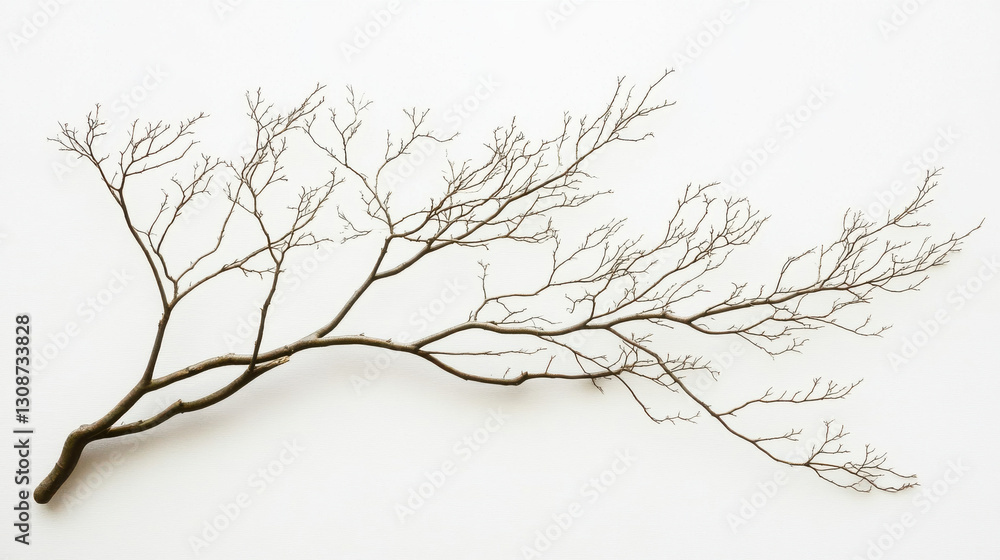 Fototapeta premium delicate, bare branch with intricate twigs against white background, showcasing nature beauty and simplicity