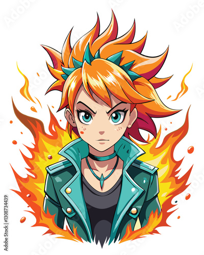 Create a digital painting of a kawaii girl with messy orange and pink hair, punk-inspired clothing, and accessories.  Include bold eyeliner and a mischievous expression.