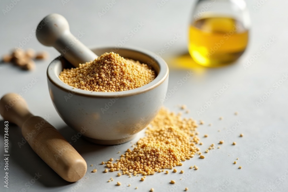 Preparing nutritious seeds for culinary use in a mortar and pestle, alongside a bottle of cooking oil. Preparing nutritious seeds for culinary use in a mortar and pestle, alongside a bottle of cooking oil.