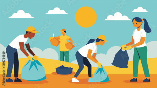 The sun beats down on the volunteers as they fill bags with discarded plastic and metal their efforts making a visible difference.. Vector illustration