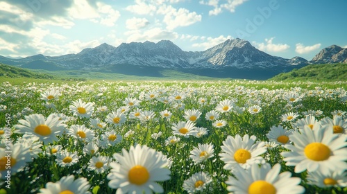 A tranquil meadow dotted with daisies, framed by distant mountain peaks.