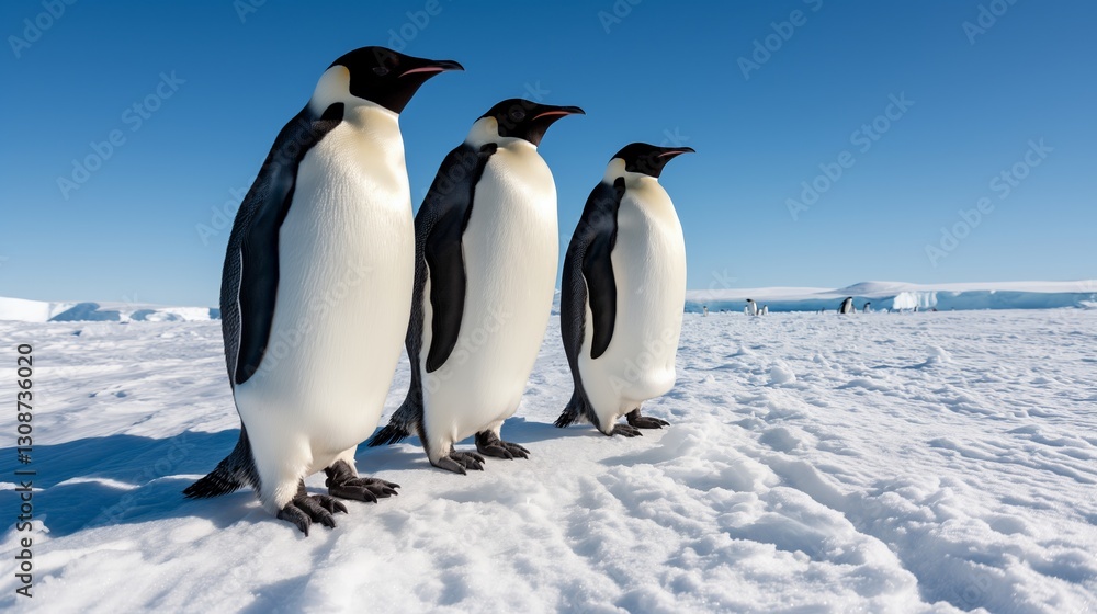 Three emperor penguins standing on snow in antarctica Three emperor penguins standing on snow in antarctica