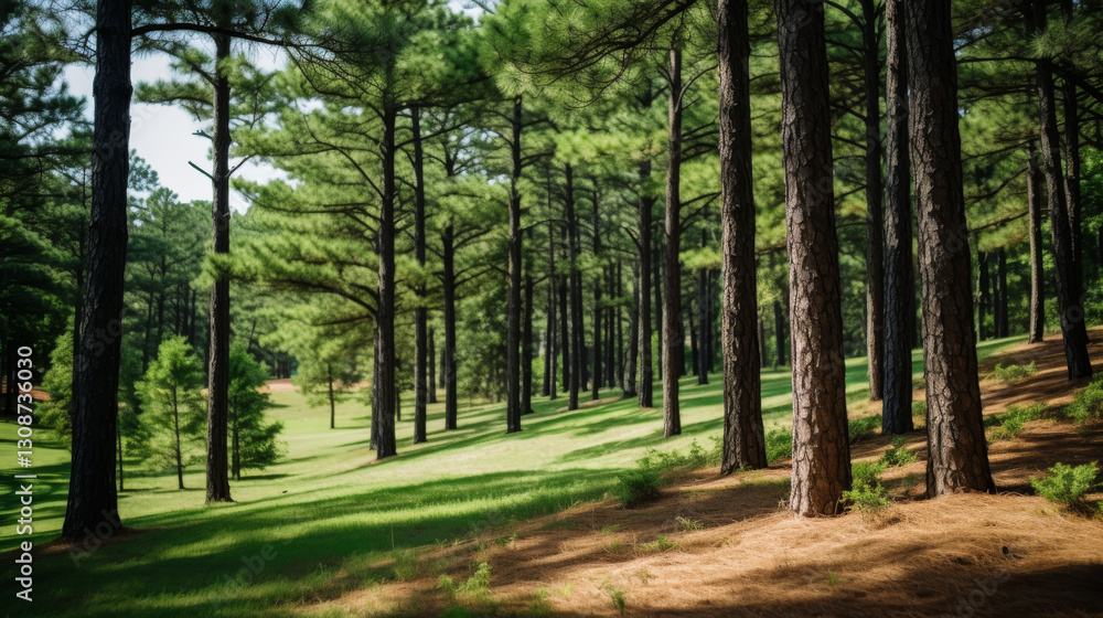 Obraz premium serene forest scene with tall pine trees casting shadows on grassy ground, creating peaceful and natural atmosphere