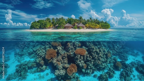 Fototapeta Naklejka Na Ścianę i Meble -  A tropical island surrounded by turquoise water and coral reefs.