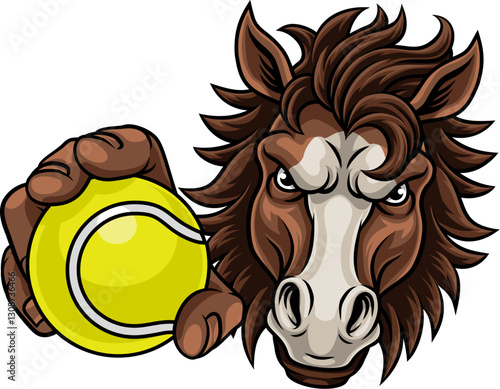 Horse mustang bronco stallion angry tennis sports team mascot holding a ball.