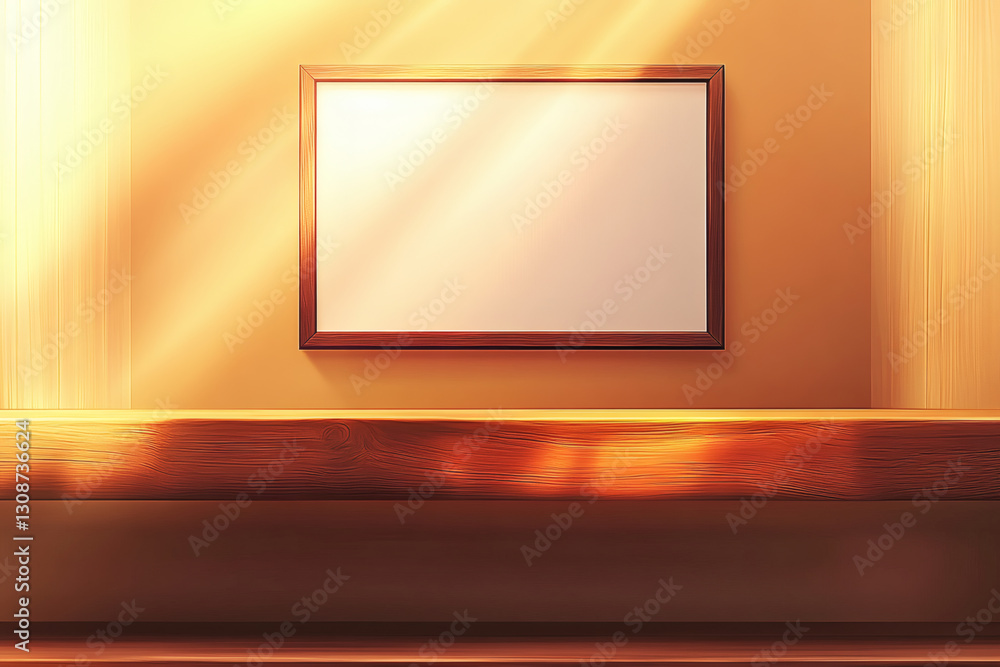 Warm interior background with blank frame and wooden shelf for product display Warm interior background with blank frame and wooden shelf for product display