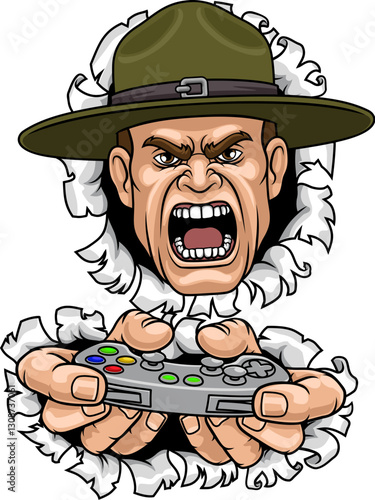 An angry drill instructor or sergeant bootcamp army soldier gamer cartoon character holding controller sports team mascot illustration.