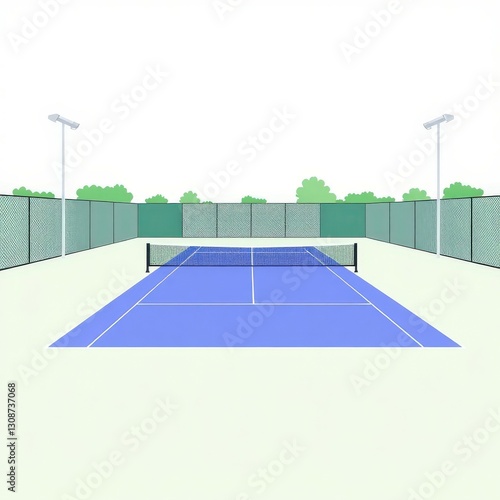 Tennis Court Illustration: Flat Vector Design, Outdoor Sport Game, Minimal Graphic with Net and Lines, Blue and White Icon