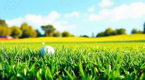 Golf Ball on Green Grass: Scenic Golf Course Landscape for Outdoor Sport and Recreation