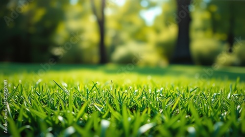 Sunlit Green Grass: Fresh Summer Lawn with Bright Sunlight and Natural Texture