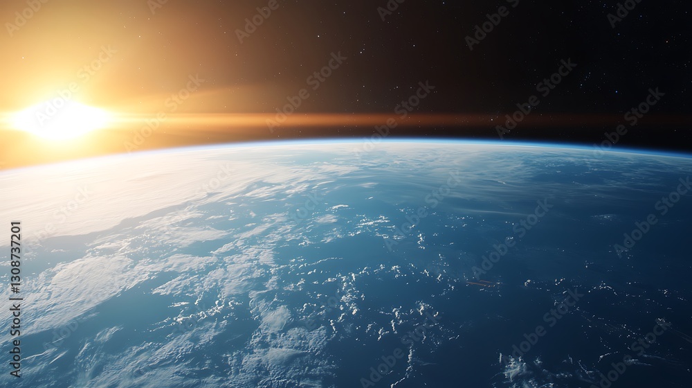 A stunning view of Earth from space, showcasing the curvature of the planet illuminated by the sun rising on the horizon. A stunning view of Earth from space, showcasing the curvature of the planet illuminated by the sun rising on the horizon.