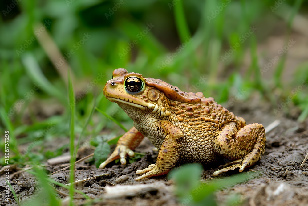 plump toad croaking beside shallow wet pond plump toad croaking beside shallow wet pond