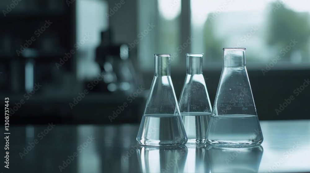 Three glass laboratory flasks filled with clear liquid sit together Three glass laboratory flasks filled with clear liquid sit together