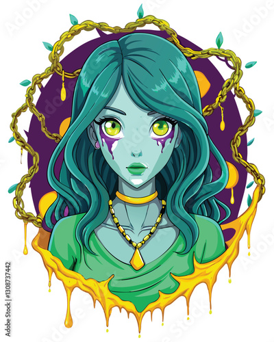 A portrait of a girl with captivating turquoise eyes and messy, tangled brown hair, showcasing a pensive expression.