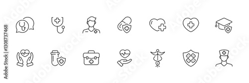 Medical icon set in linear vector style featuring healthcare and doctor flat designs.
