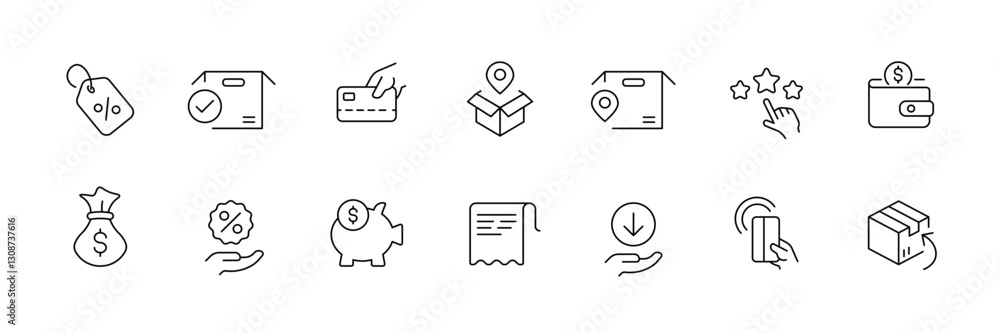 Flat linear e-commerce and shopping icons set – black vector outline collection.