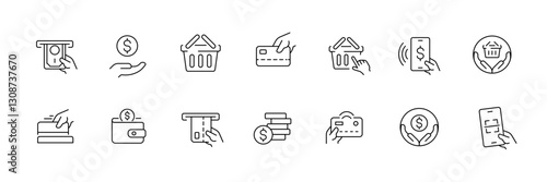 Linear flat icons set of payment methods and shopping concepts.