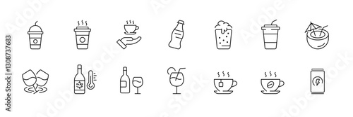 Linear flat icons set of beverage containers and drinks.