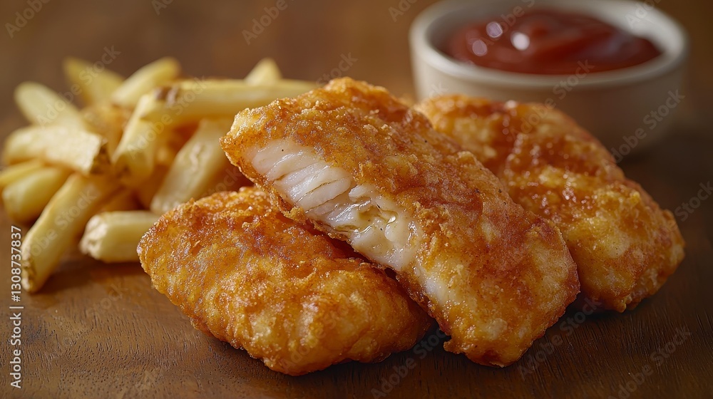 Golden Fried Fish and Chips Crispy Battered Cod Fillets with French Fries and Ketchup Delicious, fast food style, served hot and ready Perfect pub grub, quick takeaway meal or simple family dinner Golden Fried Fish and Chips Crispy Battered Cod Fillets with French Fries and Ketchup Delicious, fast food style, served hot and ready Perfect pub grub, quick takeaway meal or simple family dinner