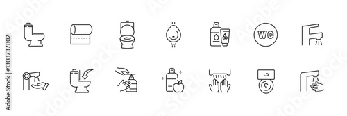 Flat linear bathroom and hygiene icons set - toilets, soap, sanitize, wc, faucet.