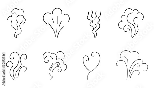 Steam smoke hand drawn line comic doodle. Aroma trail, cloud or wind silhouette. Smells hot air fragrance evaporate set. 