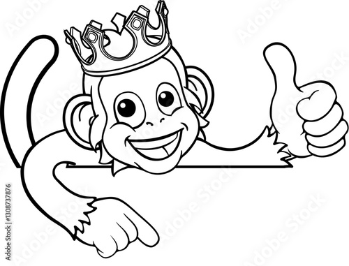 A monkey king cartoon character animal wearing a crown peeking over a sign and pointing at it while giving a thumbs up