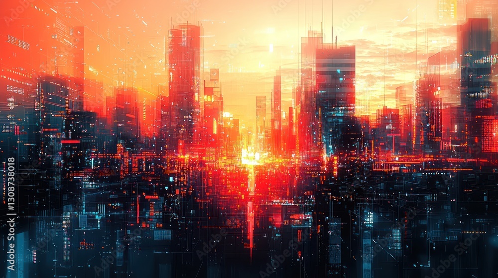 Futuristic city with bright lights under a sunset sky Futuristic city with bright lights under a sunset sky