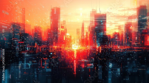 Wallpaper Mural Futuristic city with bright lights under a sunset sky Torontodigital.ca