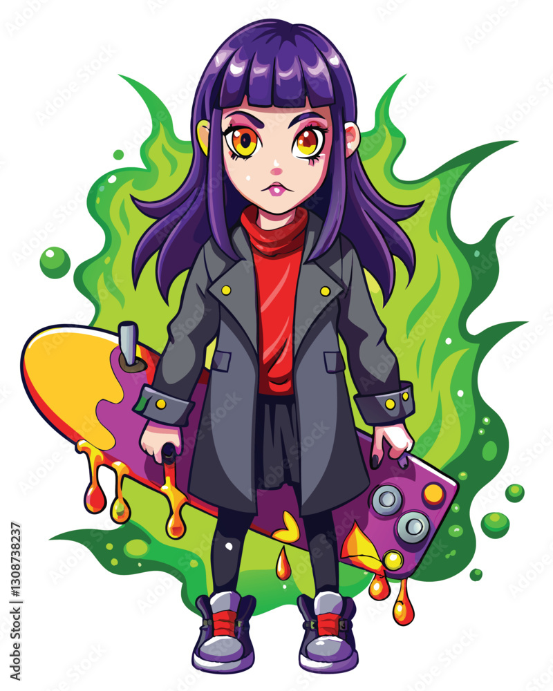 Portrait of a girl with striking violet eyes, long black hair tangled and flowing, ethereal and slightly melancholic expression. Portrait of a girl with striking violet eyes, long black hair tangled and flowing, ethereal and slightly melancholic expression.