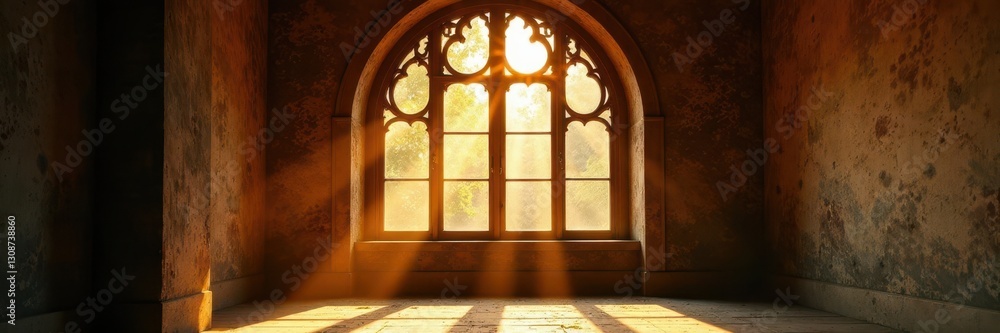 Golden light floods room, illuminating aged window's intricate detail , ray, home decor Golden light floods room, illuminating aged window's intricate detail , ray, home decor